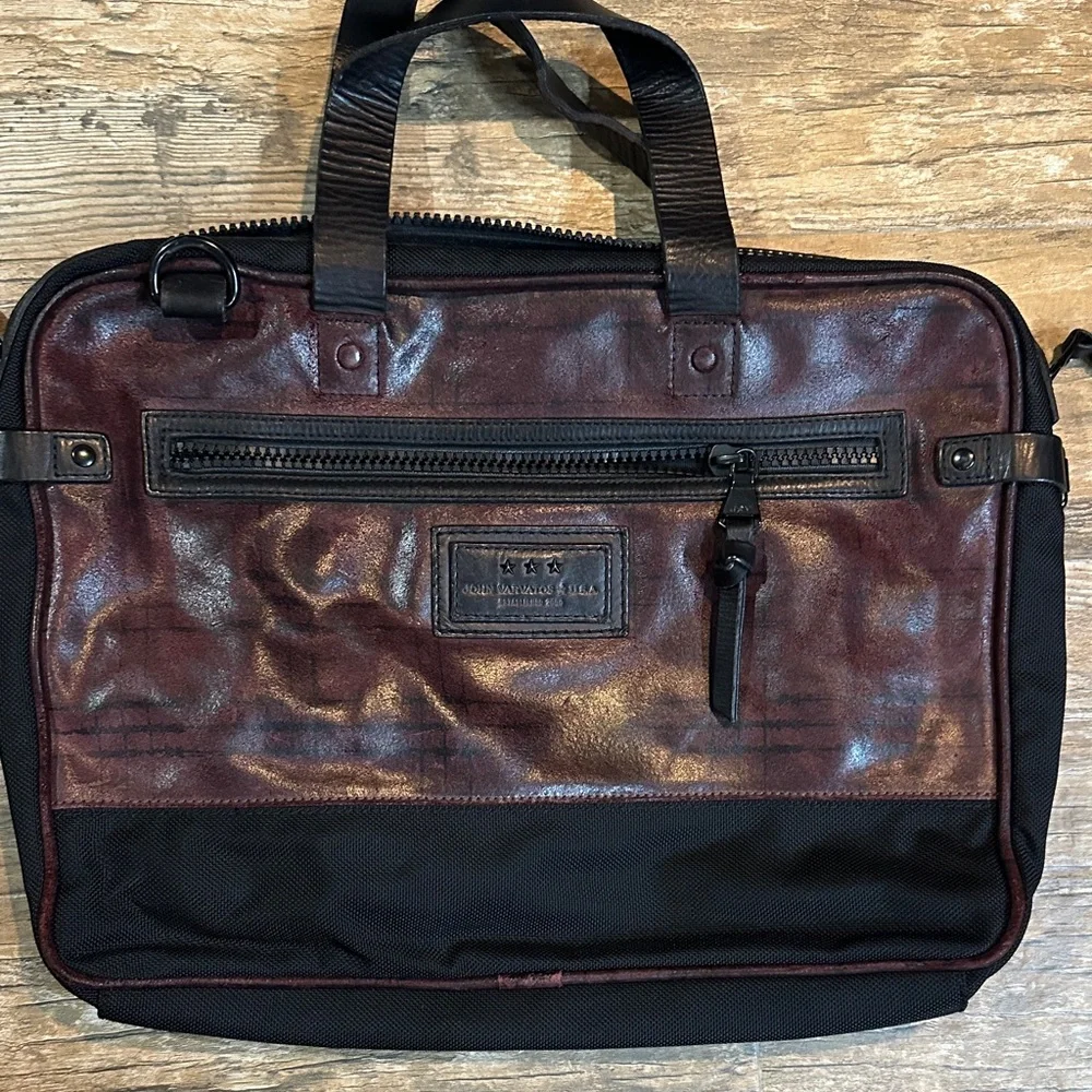John Varvatos Leather Briefcase - Deep Red and Black